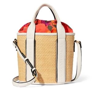 Victoria's Secret Straw Bucket Bag with White Trim and Pink-Orange Drawstring